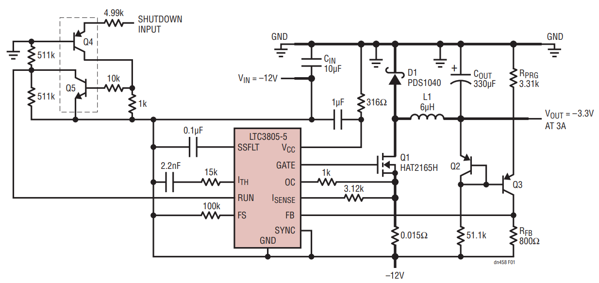 Figure 1. A Negative Buck Converter Based on the LTC3805-5 Produces –3.3V at 3A from a –10V to –14V Input.