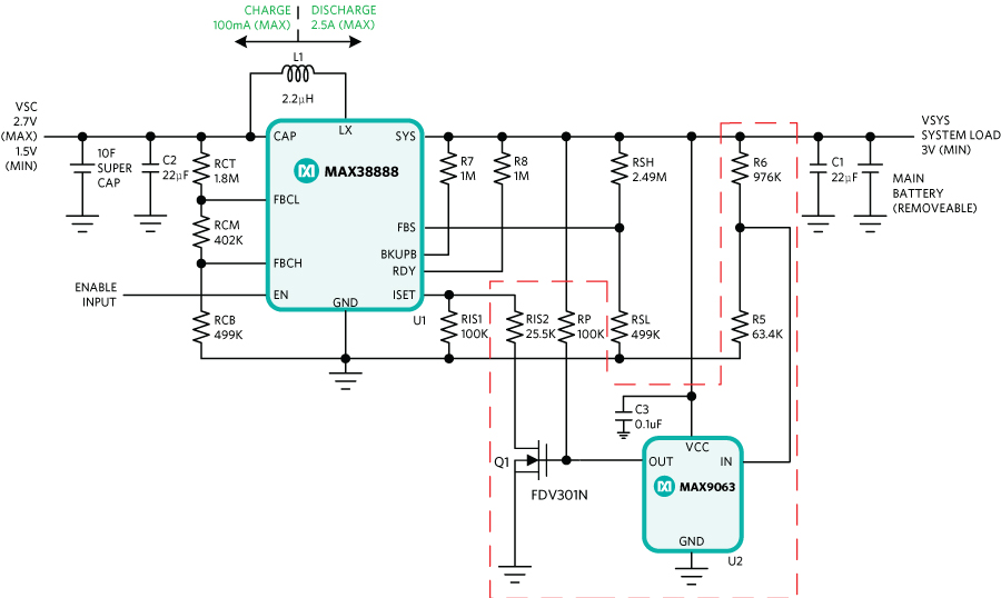 MAX38888 diagram with a modified circuit for different charge/discharge current settings