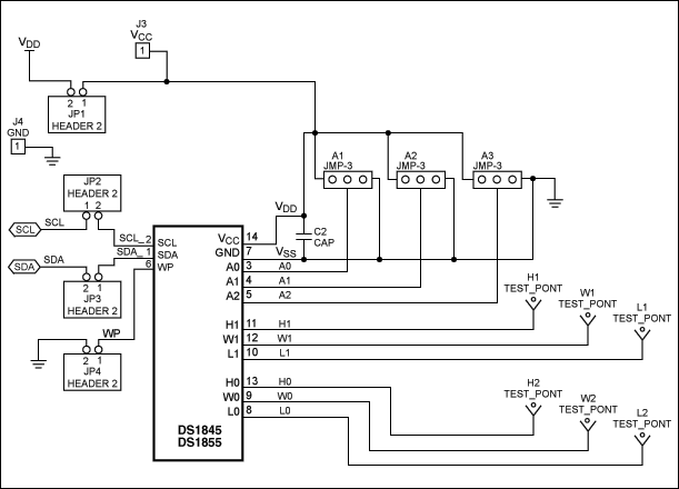 図2. PICコントローラに接続されたDS1845/DS1855ディジタルポテンショメータ