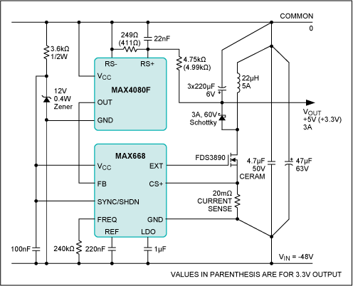 图1. 简单电源转换器，从-48V产生+5V(或+3.3V)电源。