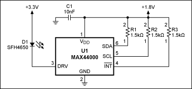 图1. MAX44000典型电路，包括LED。