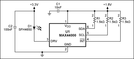 图2. MAX44000典型电路，带有发射器旁路。