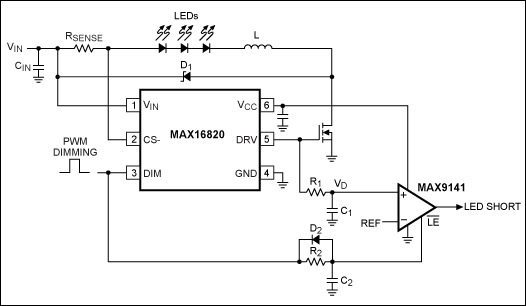 Figure 2. Adding this comparator circuit to the Figure 1 circuit provides detection of shorted LEDs.