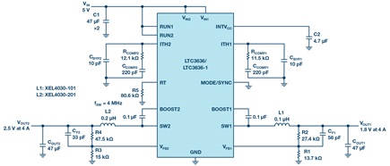 A 4 MHz dual buck regulator delivers a compact solution