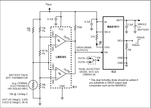 Figure 1. This lithium battery charger derives its power from a USB port and provides thermal protection for the battery.