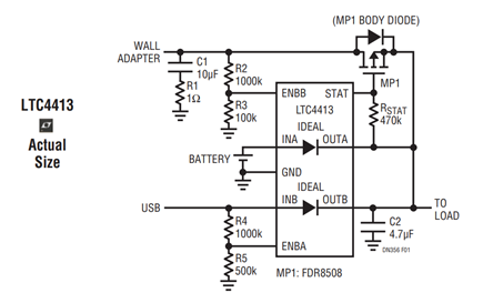 Figure 1. Automatic Switchover from a Battery to a USB Supply or Wall Adapter.