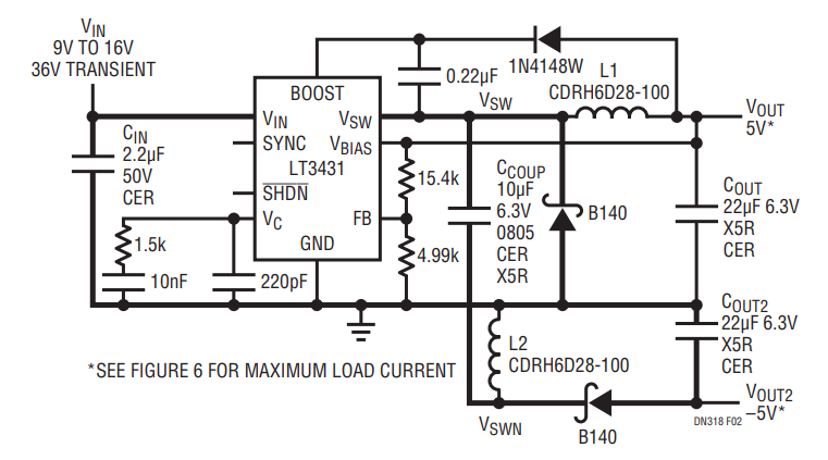 Figure 2. LT3431 9V to 16V Input (with 36V Transients), ±5V Output, 3mm Height All Ceramic Dual Polarity Converter with High ΔI/Δt Crucial Layout Path Indicated in Bold.