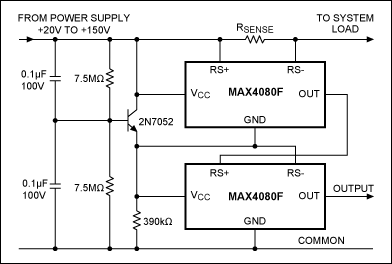 Figure 1. This circuit doubles the supply voltage at which current can be sensed.