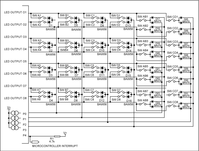 图2. MAX6954/MAX6955扩展后的48键连接。