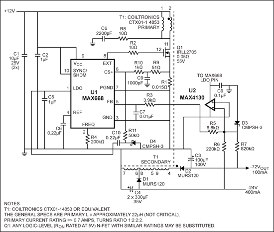 Figure 1. This circuit uses the MAX668 and a transformer (which will need about a 1:2:2:2 turns ratio) to make a flyback converter.