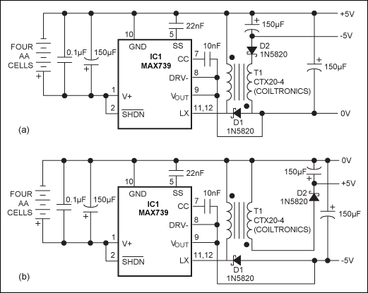 Figure 1. A 1:1 transformer enables this inverting switching regulator to generate -5V (a). Different connections for the right-hand coil are recommended if -5V supplies the heavier load current (b)