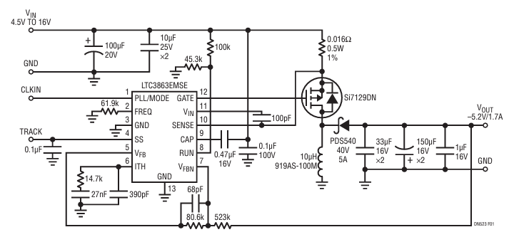 Figure 1. Inverting Converter Produces –5.2V at 1.7A from a 4.5V to 16V Source