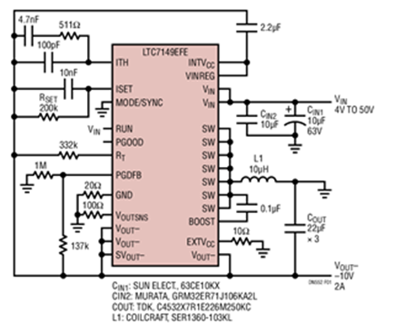 Figure 1. LTC7149, Positive-to-Negative Converter (VIN: 4V – 50V, VOUT: –10V at 2A)