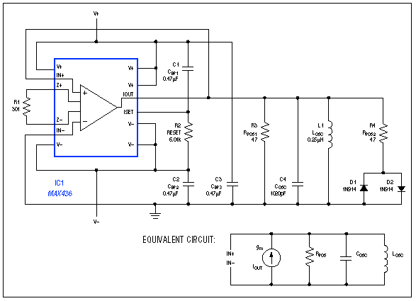 Figure 1. This 9.3MHz oscillator includes a wideband transconductance amplifier (IC1), whose negative resistance counters losses in the L1/C4 tank circuit.