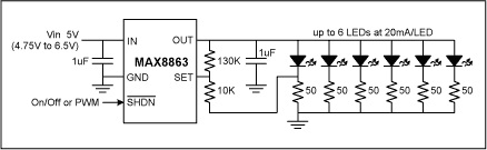 Figure 2. By adding an inexpensive LDO to make the bias voltage automatically variable, brightness
matching over white LED lot-to-lot and/or brand-to-brand variation will be substantially improved.
