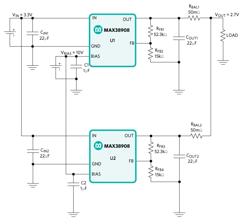 Figure 5: MAX38908 LDO's paralleled with balancing resistor.