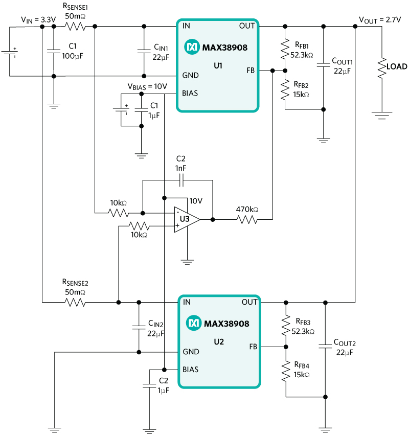 Figure 7. MAX38908 LDO's paralleled using op-amp.