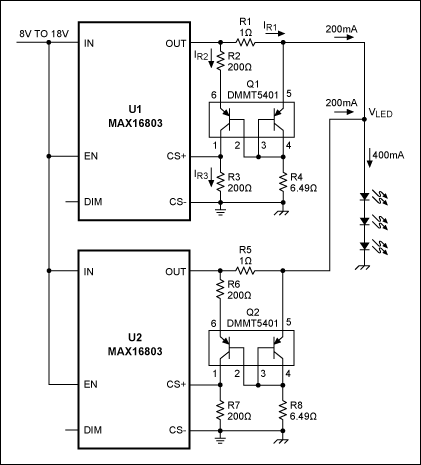 Figure 1. Matched transistors provide a current-sense level shifter for these LED drivers.