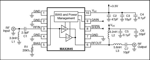 图1. 工作在2.65GHz的MAX2645 SiGe LNA电路原理图