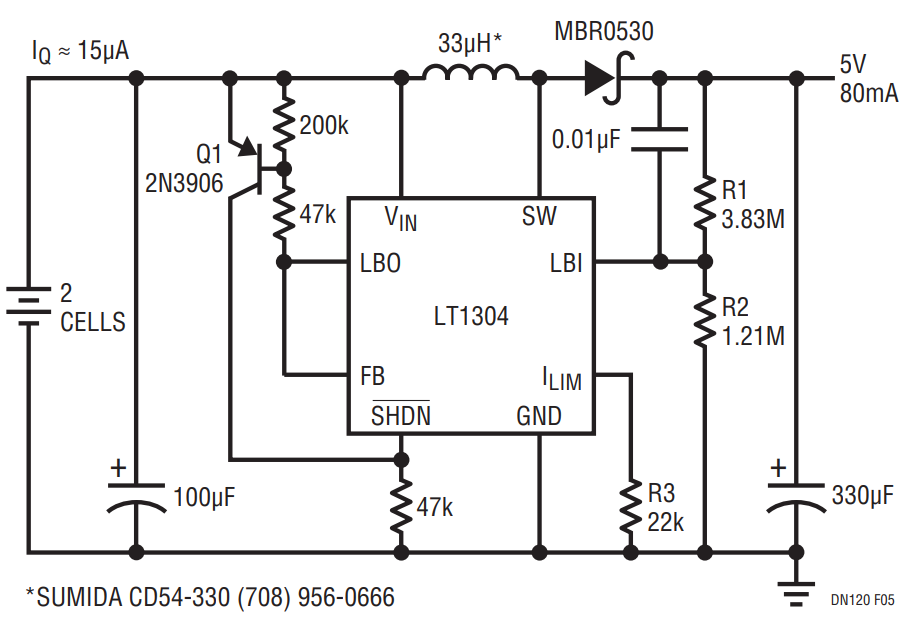 Figure 5. Super Burst Mode Operation 2-Cell to 5V DC/DC Converter Draws Only 15μA Unloaded. Two AA Alkaline Cells Will Last for Years.