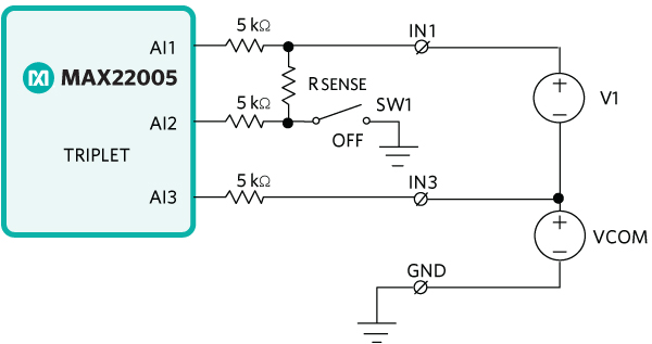 Figure 6. MAX22005 connection with the voltage output sensor in multi-functional configuration