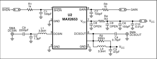 图2. MAX2653评估板原理图，使用新的匹配元件，用于1575MHz GPS频段