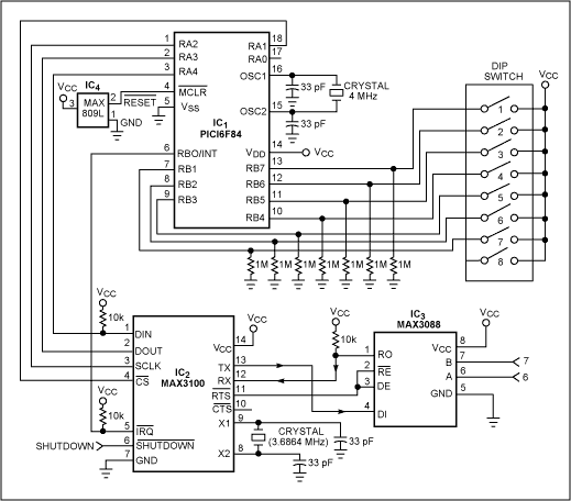 图1. RS-485网络可挂接最多256个从机收发器，为RS-485收发器(IC3)增加一个小型UART (IC2)和µC (IC1)，即可构成能够响应自身网络地址的从机数据收发模块。