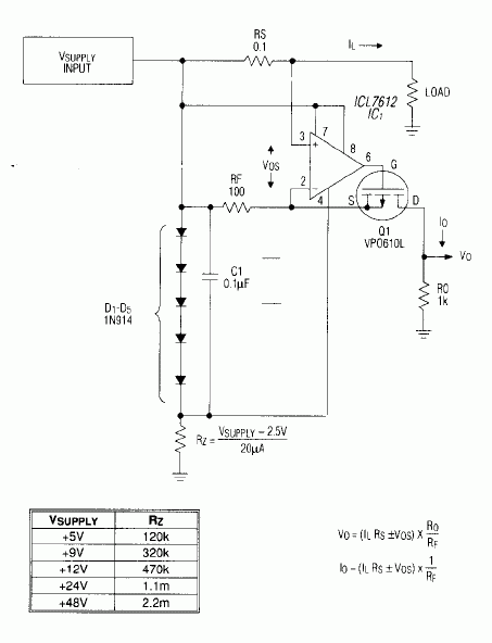 Figure 1. This simple load-current monitor produces a proportional signal voltage VO.