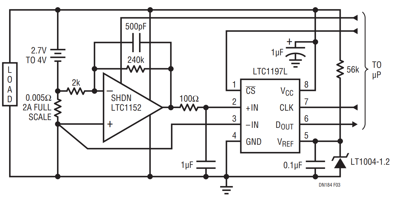 Figure 3. This 0A to 2A Battery Current Monitor Draws Only 45μA from a 3V Battery.