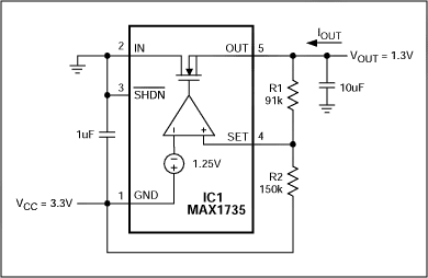 Figure 1.  The connections shown enable a negative-output LDO (with its inherent current-sinking ability) to generate a positive output voltage.