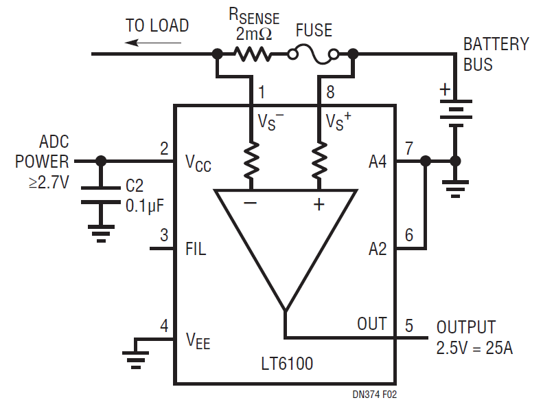 Figure 2. Simple LT6100 High Side Current Sense Amplifier and Fuse Monitor.