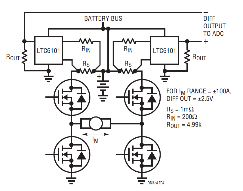 Figure 4. Practical H-Bridge Current Monitor Offers Fault Detection and Bidirectional Load Information.