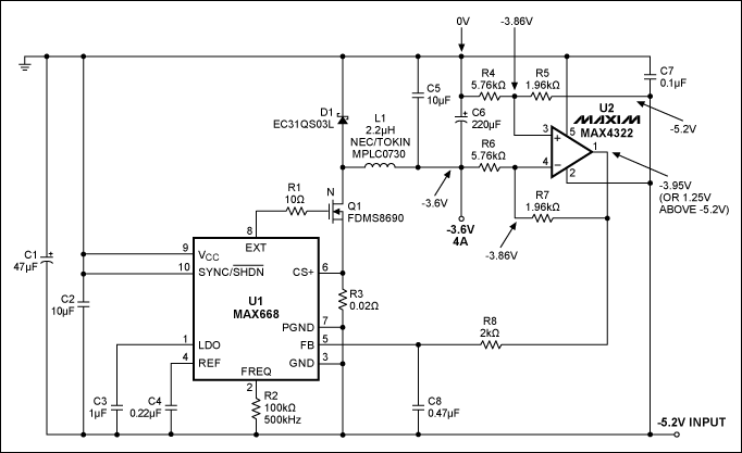 Figure 1. This switch-mode converter generates a regulated negative supply voltage from a higher (more negative) input voltage.