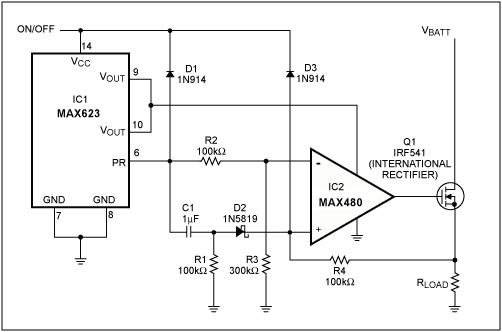 Figure 1. The regulated IC1 charge-pump generates a gate drive of VBATT + 10V for the high-side power switch Q1 (an n-channel power MOSFET)  Feedback via R4 provides short-circuit protection.