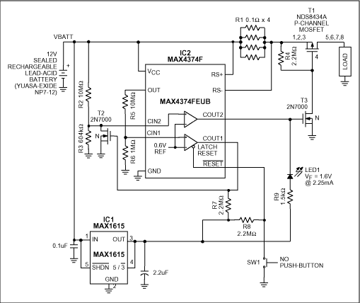 Figure 1. A fault condition (battery terminal voltage < 10.5V or battery current > 5A) causes T1 to open and LED1 to illuminate.