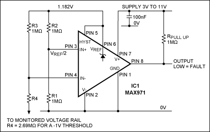 Figure 1. The output of this negative-voltage monitor goes low when the monitored negative voltage is above (more negative than) the threshold set by R4.