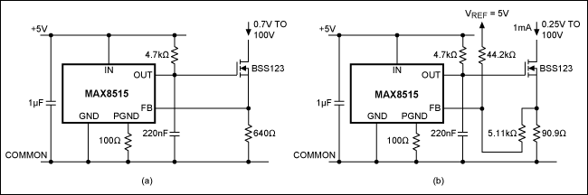 Figure 1. These current-sink circuits produce 1mA with an output-compliance range of 0.7V to 50V (a), and 0.25V to 50V (b).