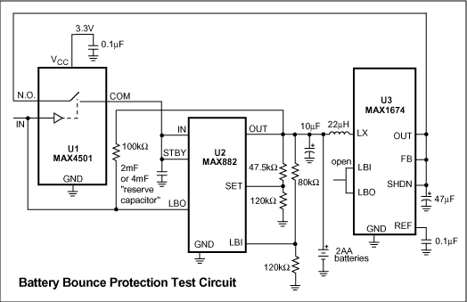 Figure 1. This circuit removes discontinuities in power by backing up the battery (two AA cells) with charge on a reserve capacitor.