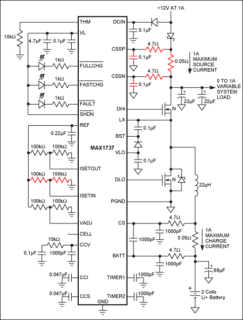 Figure 1. To limit the power drawn from the source, the standard implementation of the MAX1737 decreases the battery charge current as the system load increases.