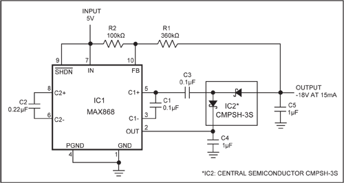 Figure 1. Adding a few inexpensive components in the feedback path of IC1 enables the generation of regulated output voltages nearly as high as −4VIN.