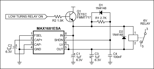 Figure 1. This circuit applies a voltage close to 6V to turn on the relay, then reduces the power consumption 75% by lowering the applied holding voltage to about 3.3V.