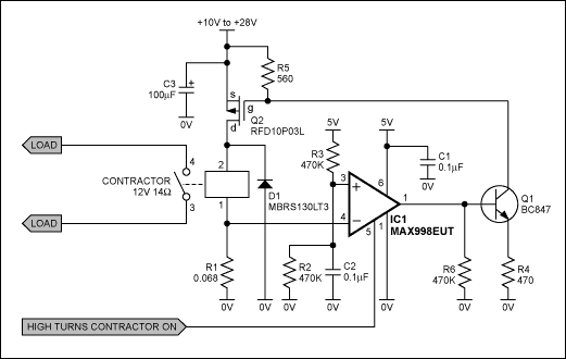 Figure 1. This contactor circuit self-oscillates to minimize power consumption when on.