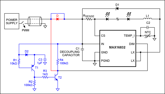 Figure 1. This circuit, including the circuitry in blue and without the diode in red (see text) prevents excessive charging and discharging of the decoupling capacitor by turning off the LEDs during intervals when the chopped supply voltage is off.