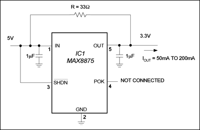 Figure 1. Adding a 33ohm resistor boosts the output current of this linear regulator from 150mA to 200mA (the application must draw a known minimum output current).