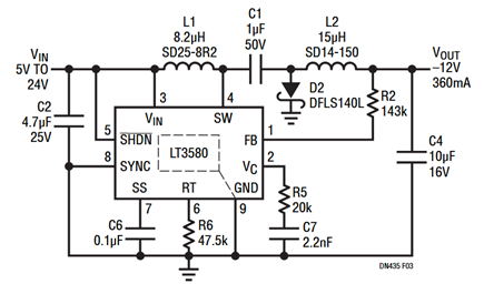 Figure 3. 5V-24V to –12V, 350mA Cuk Converter.