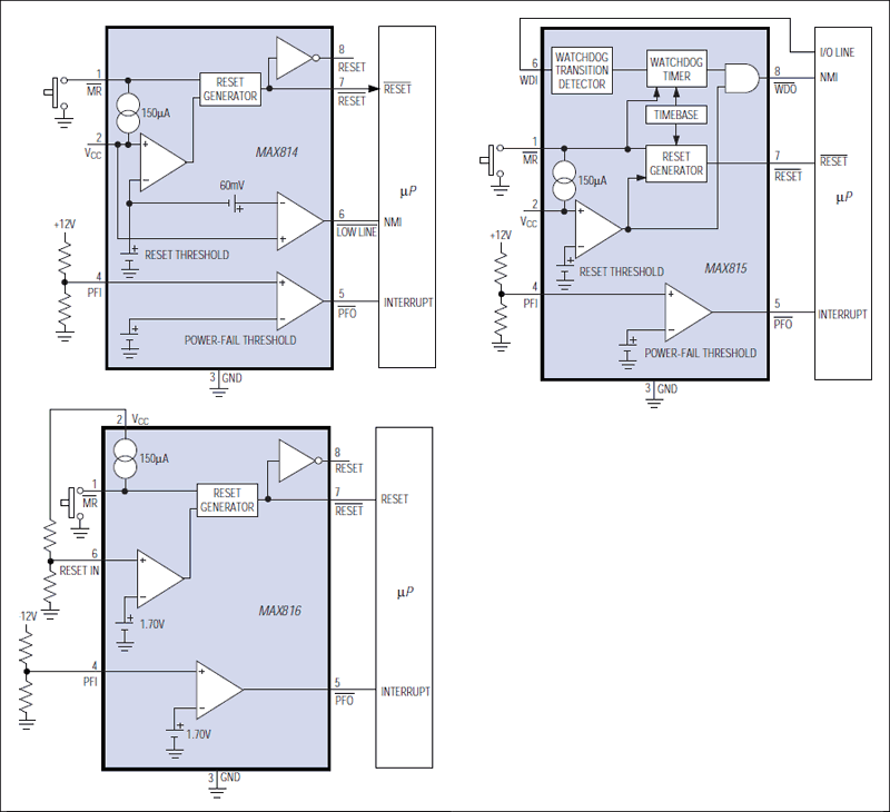 Figure 2. These three ICs offer different combinations of supervisory functions, but each monitors VCC with ±1% accuracy.