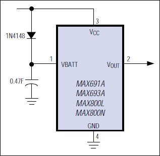 Figure 5. A very large capacitor (0.47F in this case) can serve as a backup battery in systems with low quiescent current.