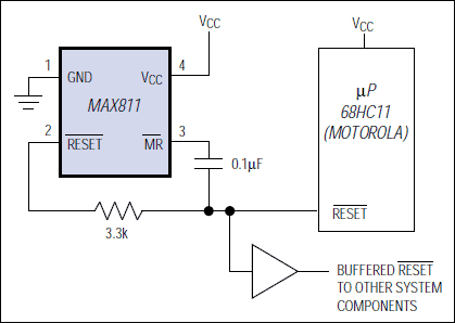 Figure 8. These connections allow dual control of the buffered reset line, and extend the duration of resets issued by the µP.