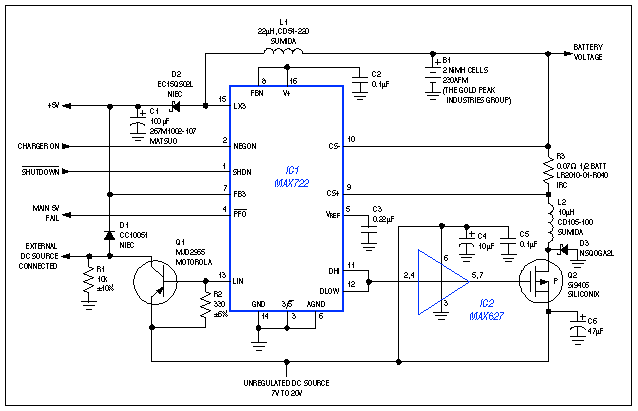 Figure 1.Suitable for palmtop computers and other portable systems, this power supply can recharge the battery while maintaining an uninterrupted 5V VCC.