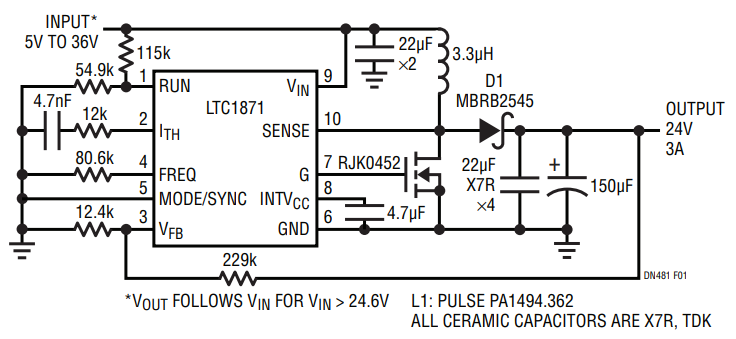 Figure 1. Although This Simple Circuit is Capable of 3A of Output Current, Beware of Power Dissipation in the Output Diode D1.